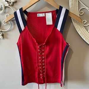 XS red white and blue mesh tank by J Lo with lace up front